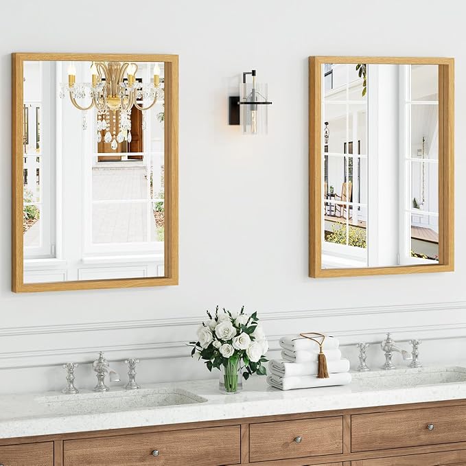 Syndra Natural Wood Frame Bathroom Mirror, 22x30'' Modern Vanity Mirror for Wall, Waterproof Slim Deep Frame, Rectangular HD Tempered Glass Mirror for Living Room, Bedroom, Entryway, Rustic, Farmhouse