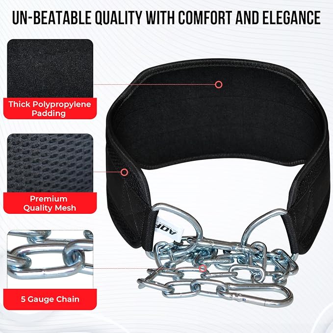 AQF Dip Belt with 36" Steel Chain - Neoprene Padded Back Support Belt | Secure Carabiners for Weighted Pull ups, Dips, Gym, Powerlifting, Bodybuilding, Squat & Fitness