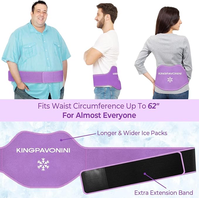 Extra Large Ice Pack for Back Pain Relief, 2 Gel Packs, Purple | 35-Min Long-Lasting & Instant Pain Relief, Leakproof Back Ice Pack, Extension Strap, Hot Cold Therapy, Skin-Safe Lycra Fabric