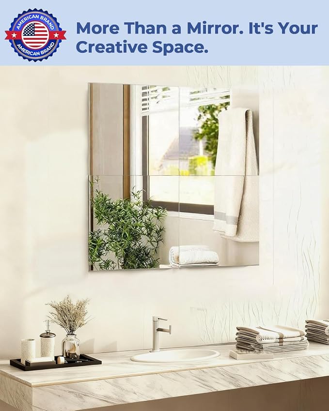 4 Pcs 16" x 16" Acrylic Flexible Mirror Sheets, Peel and Stick Mirror Tiles on Mirrors for Wall, Full Length Body Mirror for Home Gym, Bedroom, Door and Bathroom Decor