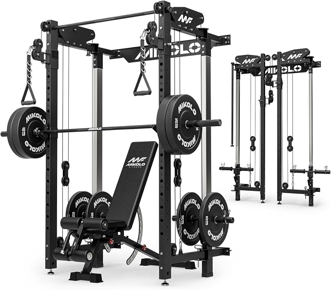 Mikolo Folding Squat Rack, Wall Mounted Power Rack with Cable Crossover Machine & LAT Pull Down, Functional Trainer with 5 Adjustable Function Modes, Home Gym Package