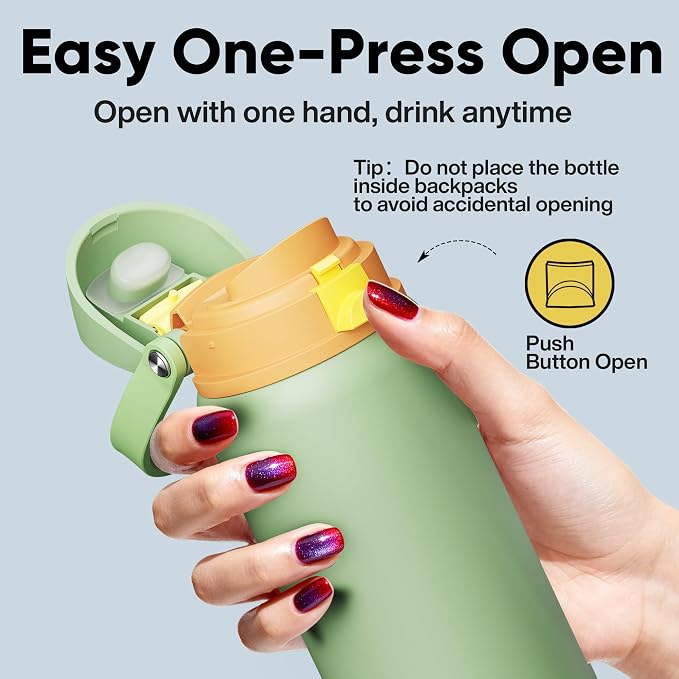 Insulated Water Bottle with Straw - Encool Stainless Steel Water Bottle with Push Button Lid, Leak-Proof & BPA-Free, Keeps Cold for 24 Hours for Sports, Travel, Gym (40 oz, Lichen-Yellow)