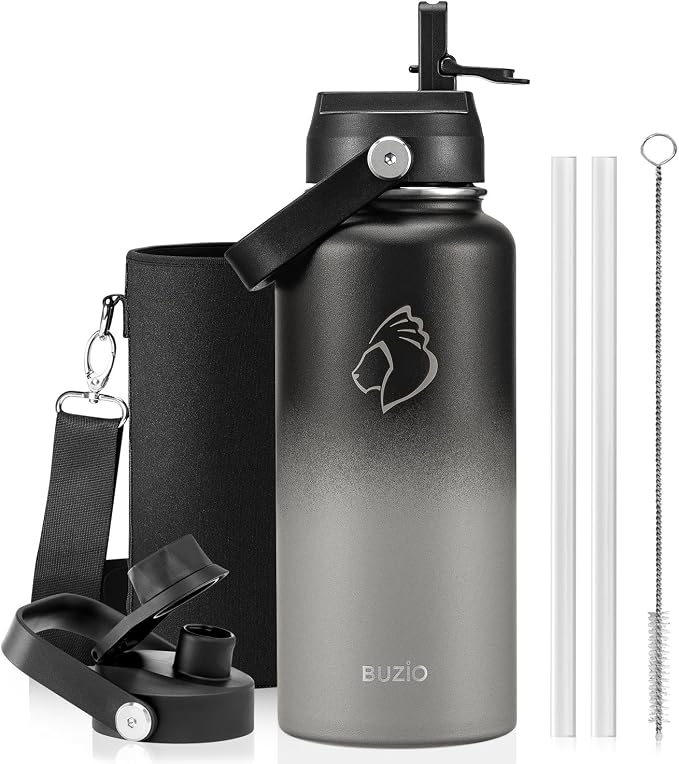 BUZIO Insulated Stainless Steel Water Bottle 32 oz with Straw & Spout Lids | Triple Wall Insulated Tumbler (Dishwasher Safe) ,Cold for 48 Hrs/Hot for 24 Hrs, Leakproof, BPA-Free, for Sports, Gym, School