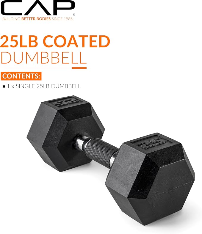 CAP Rubber Coated Dumbbell Weights, Free Weights for Home Gym Strength Training, Anti-Roll Hex Dumbbells with Black, Chrome & Comfort Grip Handles, Singles