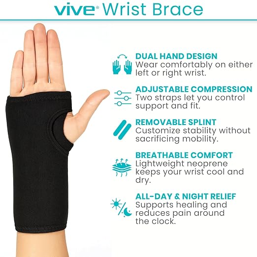 Vive Wrist Brace - Carpal Tunnel Hand Compression Support Wrap for Men | Women, Tendinitis, Bowling, Sports Injuries Pain Relief - Removable Splint - Universal Ergonomic Fit (Black, Right)