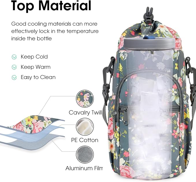 sportsnew 40oz Insulated Crossbody Water Bottle Bag Gym Hiking Phone Pocket | Water-resistant Lining, Padded Strap, Top Handle, Drawstring, Phone Pocket, Elastic Slots, Built-In Key Clip for Gym Walking