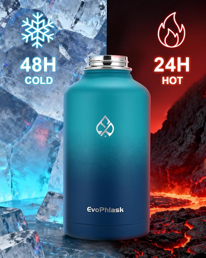 Insulated Water Bottle 64 oz with Carrier Bag, Cyan/Blue | Stainless Steel, Vacuum Insulated Keep Cold 48 Hrs, Half Gallon Large Water Jug, For Travel, Sport, Gym, Hiking