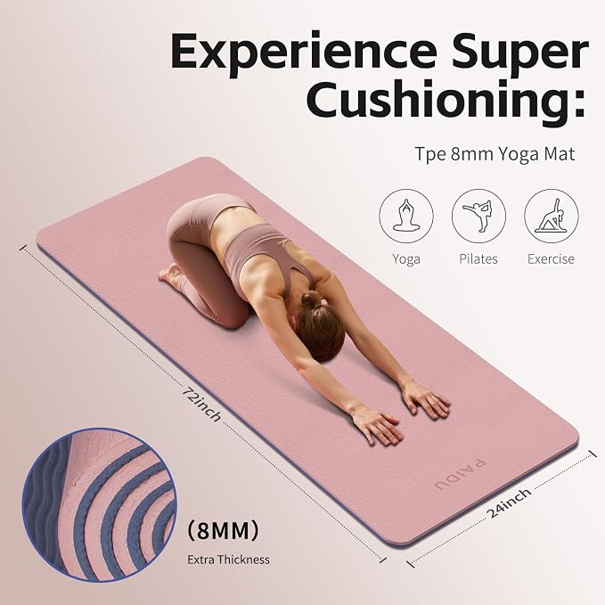 PAIDU Yoga Mat 8mm TPE Non‑Slip Fitness Mat with Strap for Home Workouts | SGS Certified, Odorless, Tear‑Resistant, Unisex, for Yoga, Pilates, Meditation, Home & Gym Workouts
