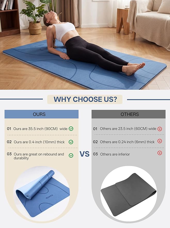 EaseUp Large Yoga Mat 73x35.5x0.4",10mm Thick Non-Slip for Home Workout | Extra thick and wide,TPE material, joint cushioning, easy to clean, wear-resistant, for yoga & Pilates with strap ﻿