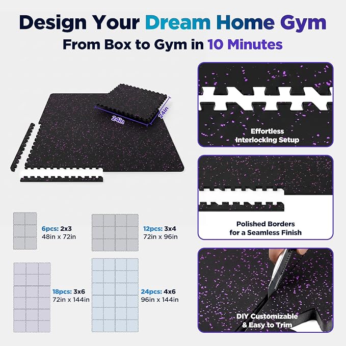 1'' Thick 48 Sq Ft Protective Gym Flooring for Home Gym, 12 Tiles Extra-Thick Rubber Top with High Density EVA Foam, Interlocking Exercise Equipment Mats, Heavy Weight Workout, Black & Purple