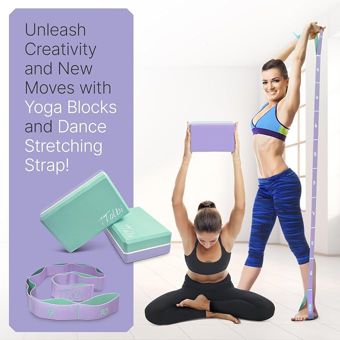 Yoga Blocks 2 Pack with Strap and Guide – Soft Non-Slip EVA Foam Blocks | High-Density Pilates Blocks for Home Workouts, Dance, Ballet, Gymnastics & Stretching Exercise, Dance Accessories and Gifts
