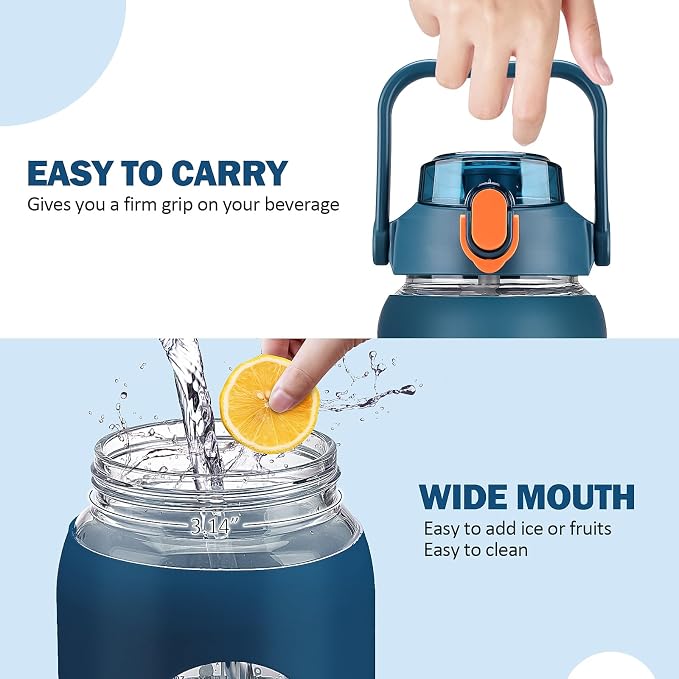 56oz Glass Water Bottles with Straw, Motivational Glass Bottle with Silicone Sleeve and Time Marker, Leakproof Large Glass Water Jug for Gym Home Office,Blue