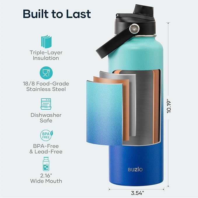BUZIO Triple Wall Vacuum Water Bottle with Dust-proof Straw & Spout Lids | 40 oz Insulated Stainless Steel Water Flask (Cold for 48 Hrs/Hot for 24 Hrs), Dishwasher Safe, Leakproof, Non-BPA, for Hiking