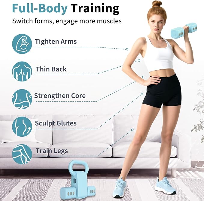 Hezeyferg Adjustable Dumbbell Set, 2-in-1 Hand Weights with Kettlebell Form | 4-Level 2.2-5.5lb Each, Dual-Button Locking, for Women Men Beginners Home Gym, Portable & Space-Efficient, Full Body Workout
