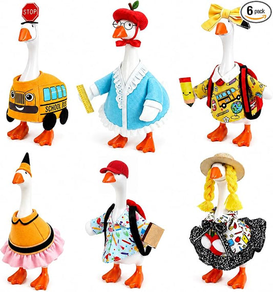 7 Inch Desk Goose Statue with 6 Back to School Outfits Set Cute Mini Goose Decor School Classroom Office Home Table Decoration First Day of School Gifts for Teachers Students