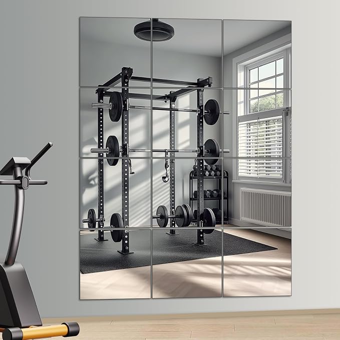 Home Gym Mirror, 12Pcs 12" Square Wall Mirror Tiles, Frameless HD Glass Full Length Wall Mirrors for Wall Decor, Bedroom, Living Room, Over The Door, Self Adhesive