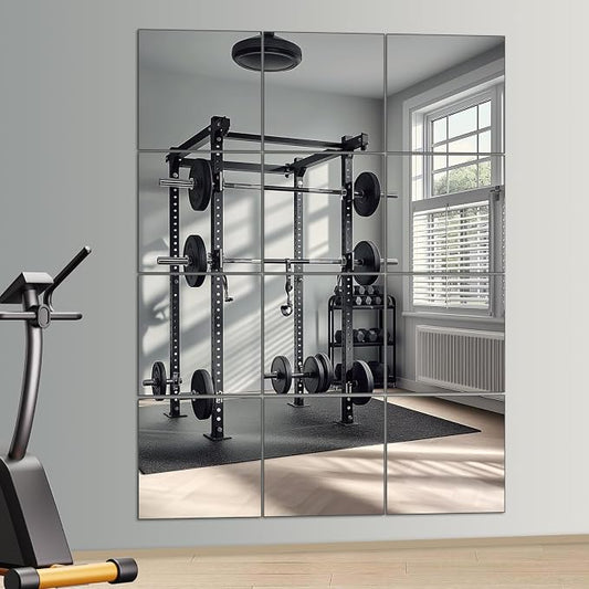 Home Gym Mirror, 12Pcs 12" Square Wall Mirror Tiles, Frameless HD Glass Full Length Wall Mirrors for Wall Decor, Bedroom, Living Room, Over The Door, Self Adhesive