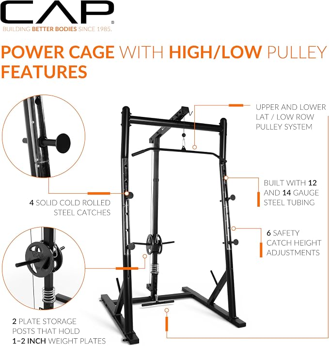 CAP Barbell Power Cage with High-Low Pulleys – Heavy-Duty Power Rack for Home Gym – Adjustable Gym Rack & Weight Cage with Pull Up Bar, Dip Station, and Plate Storage