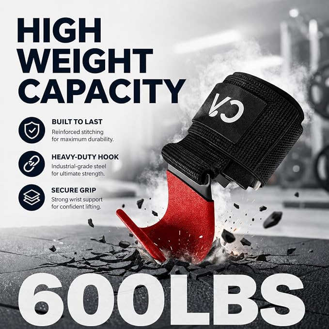 Weight Lifting Hooks (Pair) for Deadlifts, Pull Ups, Rows & Shrugs - Heavy Duty Gym Hooks with 8mm Padded Wrist Straps, Secure Grip Support for Weightlifting, Powerlifting & Strength Training