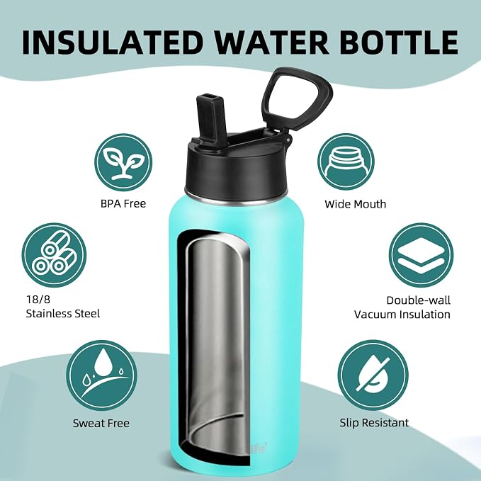 Insulated Water Bottle With Straw,32 oz Vacuum Insulated Stainless Steel Sports Water Flask,Keeps Cold and Hot,Metal Water Bottle Wide Mouth for Gym Travel Camping (Turquoise)