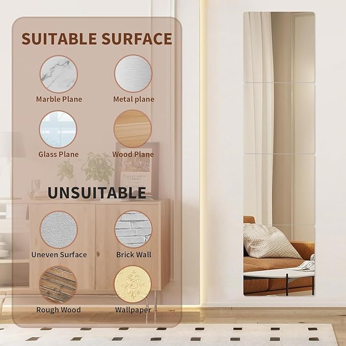 8 Pack Acrylic Mirrors for Wall,12 x 12 Inch Self Adhesive Frameless Small Mirror Tiles, Flexible Plastic Mirror Sheets for Bedroom Home Gym Door (12"X12"-8Pcs)