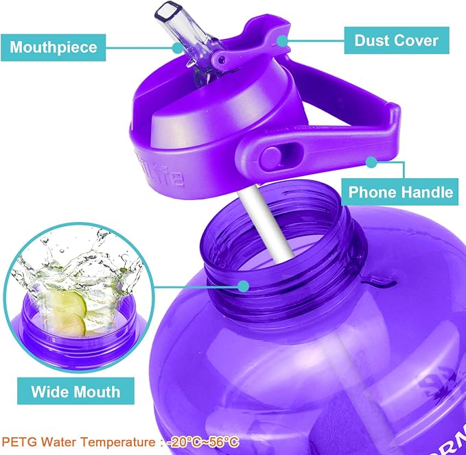 QuiFit 1 Gallon Water Bottle - with Straw & Motivational Time Marker Leak-Proof BPA Free Reusable Gym Sports Outdoor Large(128OZ/73OZ) Capacity Water Jug