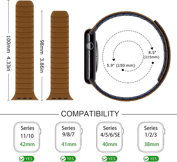 Tasikar Magnetic Bands Compatible with Apple Watch 42mm(Series 11/Series 10) 41mm 40mm 38mm Soft Silicone Replacement Loop Wristband for iWatch SE Series 11 10 9 8 7 6 5 4 3, Brown-Indigo