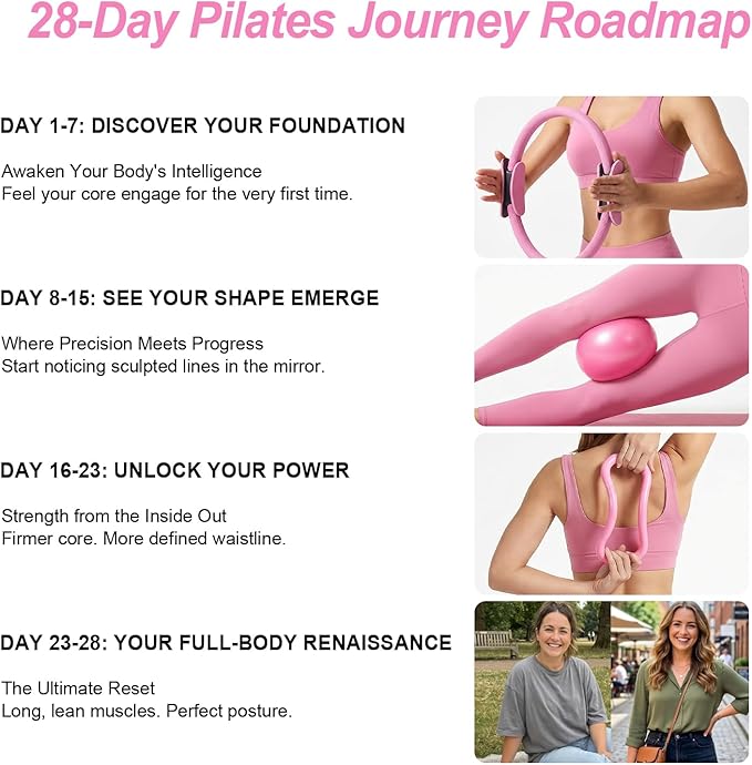 Home Pilates Ring and Ball Set for Women with 5 Resistance Bands 13 inch Magic Circle Workout Starter Kit for Beginners Full Body Toning 15 Min Daily Routine