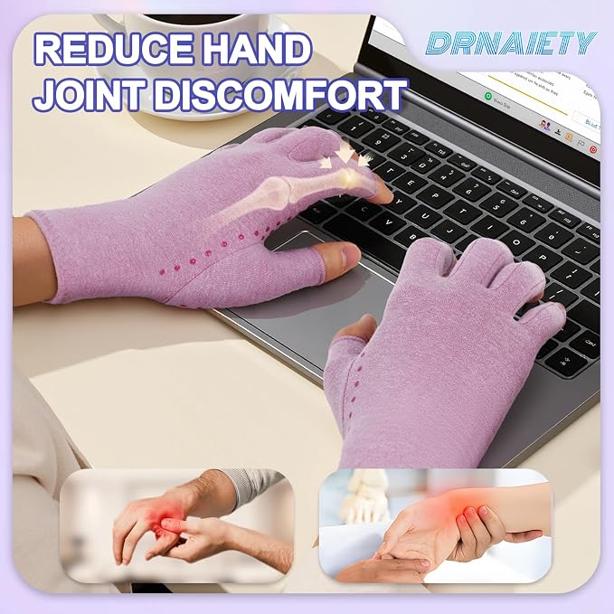 DRNAIETY 2-Pair Arthritis Compression Gloves- for Hand Arthritis, Carpal Tunnel Pain, Rheumatoid Arthritis, RSI, Fingerless, Anti-Slip, Breathable Gloves for Men & Women, Typing, Daily Use(S Purple)