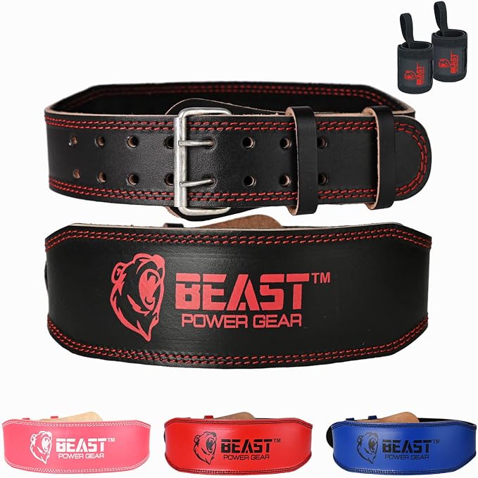Weight Lifting Belt - 4” Genuine Leather Belts Padded Lower Back Support for Gym Bodybuilding Squat Deadlift Weightlifting Cross Strength Training Men Women Free Wrist Wrap