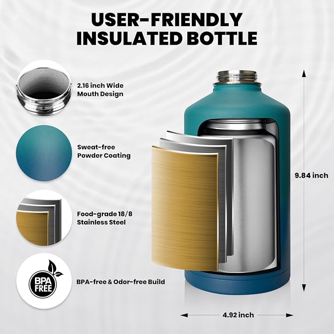 RAYMYLO Insulated Water Bottle 64 oz, Triple Wall Vacuum Stainless Steel (Cold for 48 Hrs), Leak Proof & Non-BPA, Half Gallon Water Flask Jug with Paracord Handle & Straw Spout Lids, Cyan Blue | (Cold for 48 Hrs), Leak Proof & Non-BPA, Half Gallon Wate...