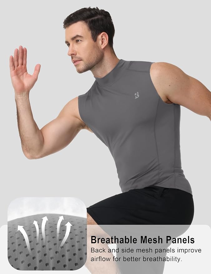 Roadbox Men's Compression Tank Top, Mock Turtleneck Sleeveless Shirt, Fitted Athletic Base Layer for Gym Workout