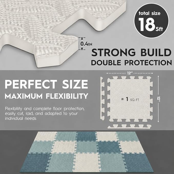 18pcs Puzzle Exercise Mat, 12.6"x12.6"x0.4", 18sqft EVA Interlocking Foam Floor Tiles, Protective, Water-Resistant Flooring for Home Gym & Workout Equipment
