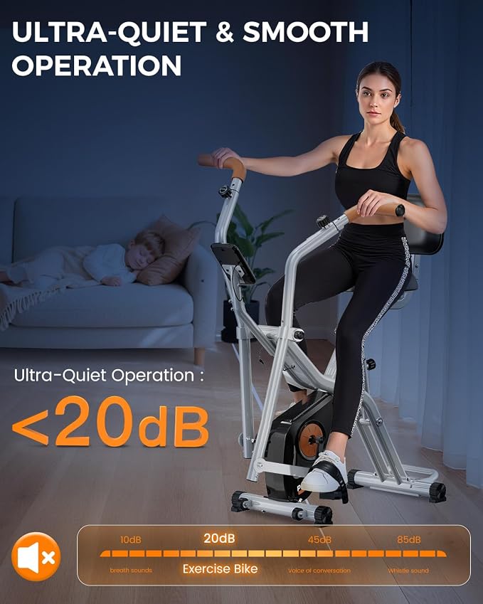 pooboo Folding Exercise Bike, Foldable Upright Stationary Bike, Indoor Cycling Magnetic X-Bike with 8-Level Adjustable Resistance, 6.6 LBS Flywheel, 300LB Capacity, Back Support Cushion for Home Gym