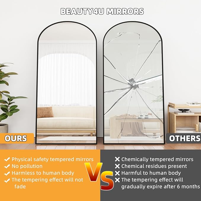 Beauty4U 79" x 39" Arched Full Length Mirror with Stand, Black Floor Mirror | Large Standing, Leaning, or Wall-Mounted Tempered Full Body Mirror with Metal Frame for Bedroom, Closet, Modern Home Decor