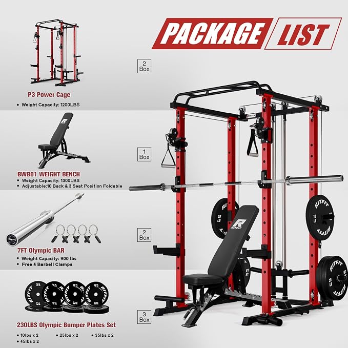 RitFit PPC-P3 Power Cage with Cable Crossover System, 1200LB Capacity | LAT Pulldown & Cable Crossover System with Bumper Plate Set, Olympic Barbell, Bench