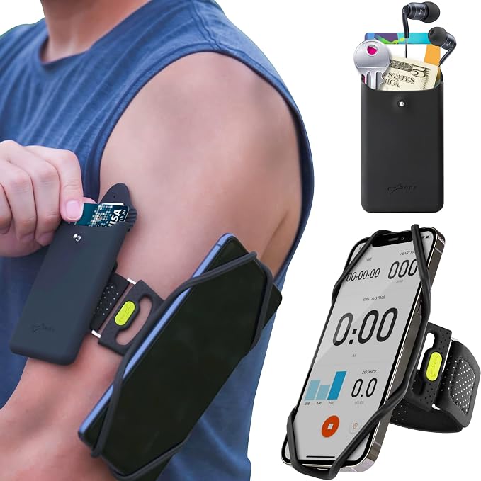 Bone Cell Phone Armbands+Sport Pocket, Run Tie 2+Pocket, L Arm Size, Fits Phone Size 4.7-7.2 Inches for iPhone 13 12 11 Pro Max XS XR X Samsung Galaxy | Sweat Wicking, Dual-Layer Comfort, Skin-Friendly Washable Silicone Strap, Phone Arm Holder for Work...
