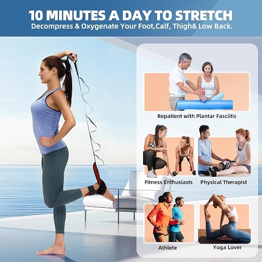 comness Foot and Calf Stretcher Stretching Strap For Plantar Fasciitis, Heel Spurs, Foot Drop, Achilles Tendonitis & Hamstring. Yoga & Leg Stretch Strap. (Red)