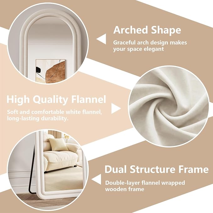 Arched Full Length Mirror 63"x24", Flannel Floor Mirror | Full Body Mirror with Stand, Flannel Mirrror Bedroom and Living Room, Wall Mirror Hanging or Leaning, White