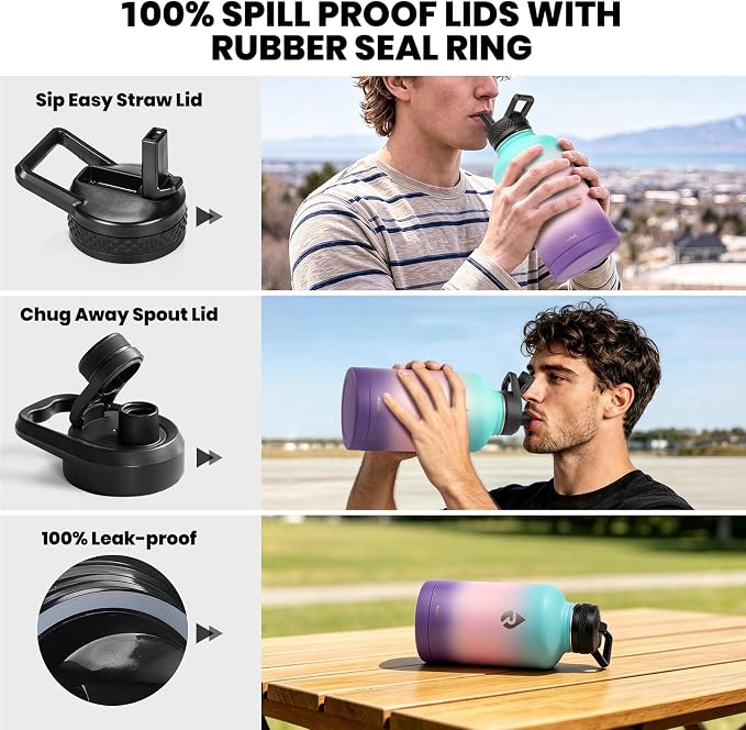 RAYMYLO Insulated Water Bottle 64 oz, Triple Wall Vacuum Stainless Steel | (Cold for 48 Hrs), Leak Proof & Non-BPA, Half Gallon Water Flask Jug with Paracord Handle & Straw Spout Lids, Hydrangea