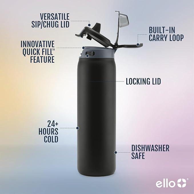Ello Pop & Fill Insulated Stainless Steel Water Bottle with Quick Fill Lid, Leakproof Locking, Sip or Chug Spout, BPA-Free, Double Wall Vacuum Insulated for Sports, Travel & School- 22oz / 32oz / 40oz