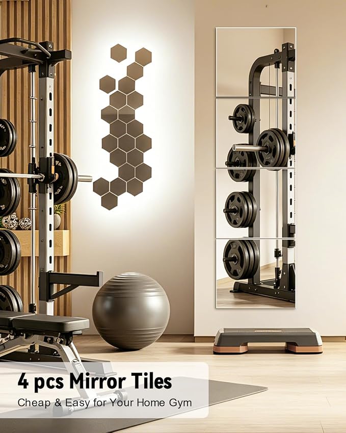 Full Length Wall Mirror Tiles, 12'' x 12'' x 4PCS, Acrylic Unbreakable Full Body Mirror for Bedroom Squares Shatterproof Mirror Sheets Wall Mounted for Home Gym Door Plexiglass Mirrors Safe for Kids