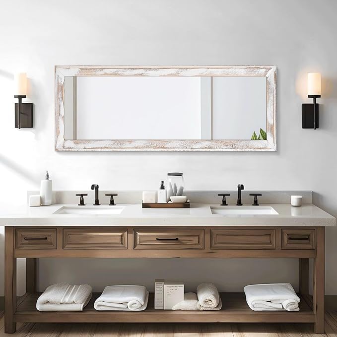 AAZZKANG Wall Mirror Full Length Rustic Wood Framed Large 43"x14" | Rectangular Full Body Mirrors for Bedroom Living Room Bathroom Entryway White Decorative