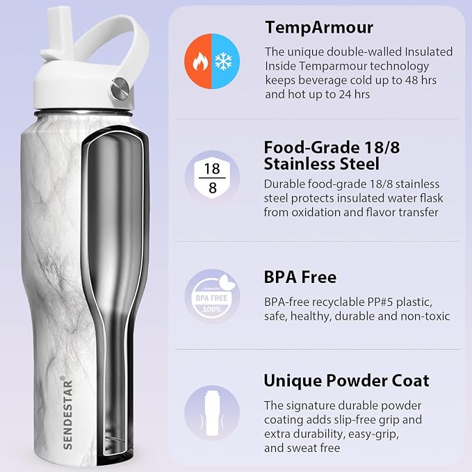 SENDESTAR 40oz Stainless Steel Water Bottle(Cold for 48 Hrs, Hot for 24 Hrs),Double Wall Vacuum Insulated Bottle with Straw Lid, Spout Lid and Flex Cap, Fit in Any Car Cup Holder