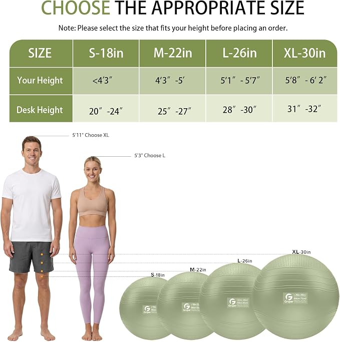 Gruper Yoga Ball, Extra Thick Non Slip Exercise Ball for Workout, Yoga, Pregnancy, 4 Sizes Anti Burst Chair for Home and Office, Includes Foot Pump & Fitness Guide