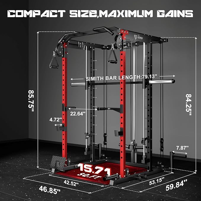 S1-V4 Smith Machine, 2000LBS Power Cage with Cable Crossover System, All-in-One Squat Rack with Smith Bar, Strength Training Equipment for Home Gym