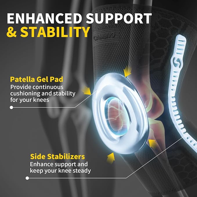 CAMBIVO Knee Brace for Men & Women, 2-Pack Compression Sleeve with Gel Pad | Patella Gel Pad with Side Stabilizers for Knee Pain Relief. Ideal for Running, Weightlifting & Arthritis, Workout, Daily Use