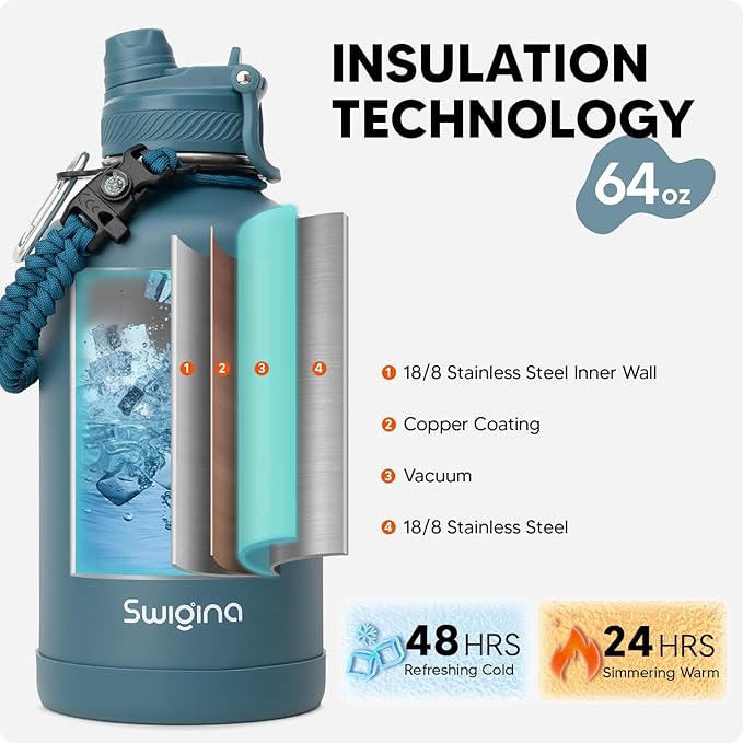 Swigina 64 oz Insulated Water Bottle with Silicone Boot (48hrs Cold/24hrs Hot) - DIY Stickers, Leakproof, BPA Free, Half Gallon [2-IN-1 LID