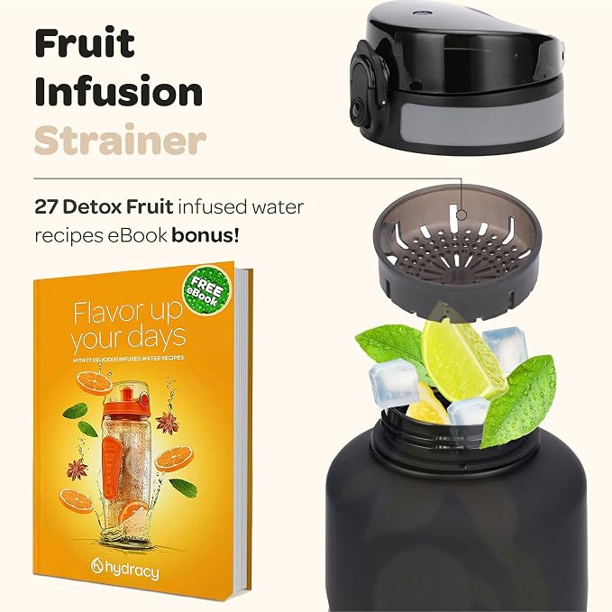 Hydracy Motivational Water Bottle with Time Marker & Fruit Infuser 64 oz | BPA-Free Tritan, Leakproof Flip-Top Lid,No-Sweat Sleeve,Carry Strap,Daily Intake Tracking for Gym,Sports,Outdoors