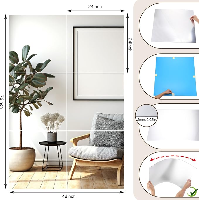 Queekay 6 Pcs Home Gym Mirrors 24'' x 24'' Acrylic Wall Mirror Tiles Sheets 2mm Thick Self Adhesive Frameless Wall Mounted Decor for Workout Bedroom Ceiling